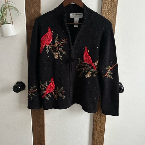 Vintage Tiara International Embroidered Cardinals Full Zip Christmas Sweater - Picture 3 of 14